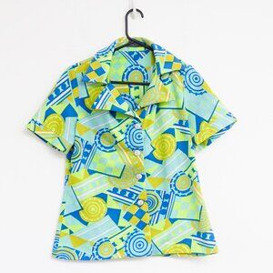 Vintage 70s Blue Green Gold Geometric Print Short Sleeve Top M/L